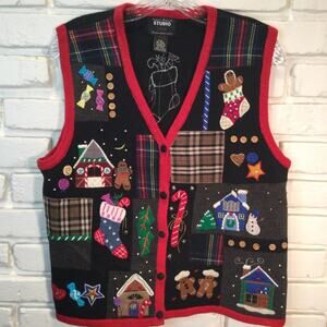 Festive Patchwork Holiday Sweater Vest Petite M
